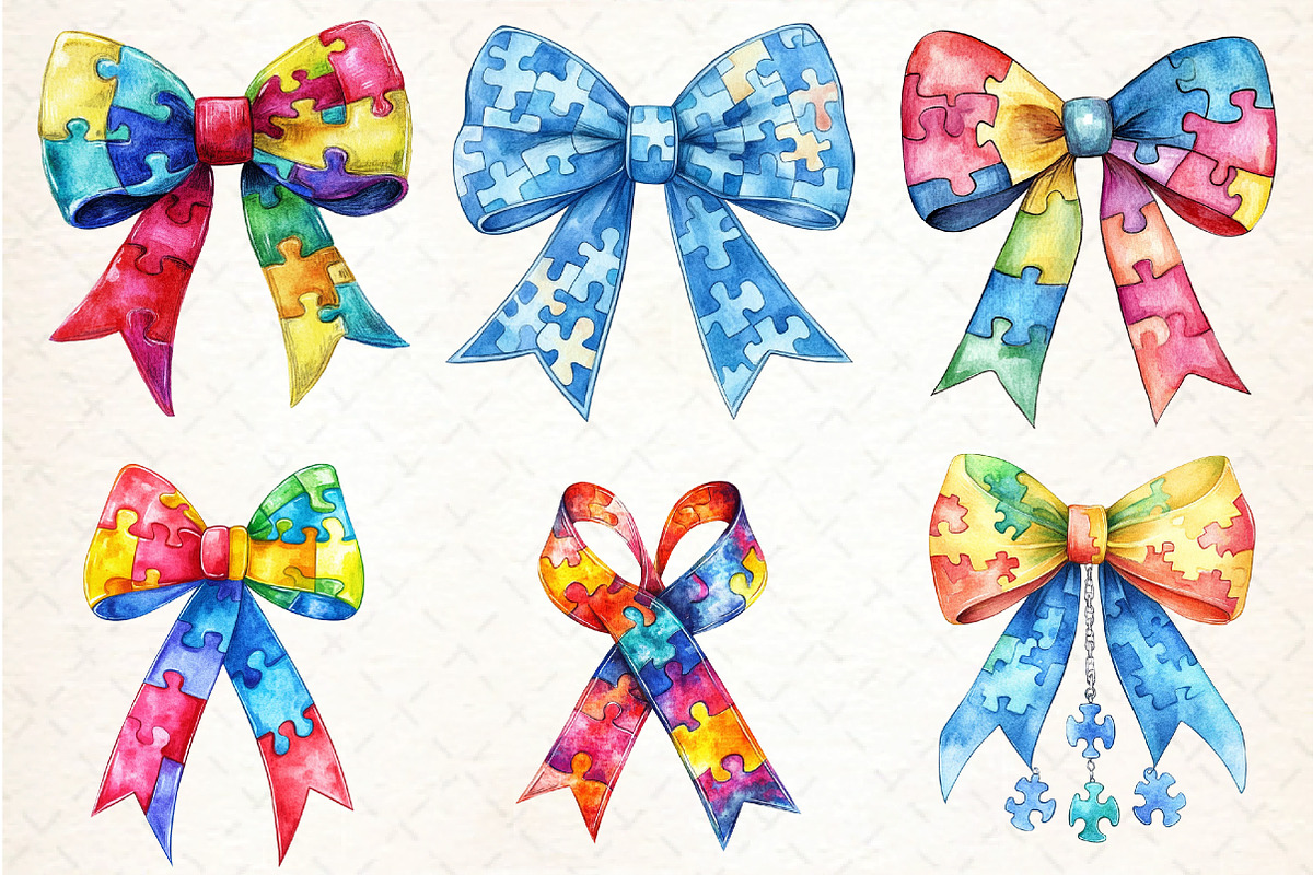 Watercolor Autism Awareness Bow PNG, an Illustration by DreamCafeArt (Photo 3 of 9)