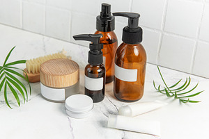 Skincare beauty products on marble with plant leaves, a Beauty & Fashion Photo by Olena Rudo