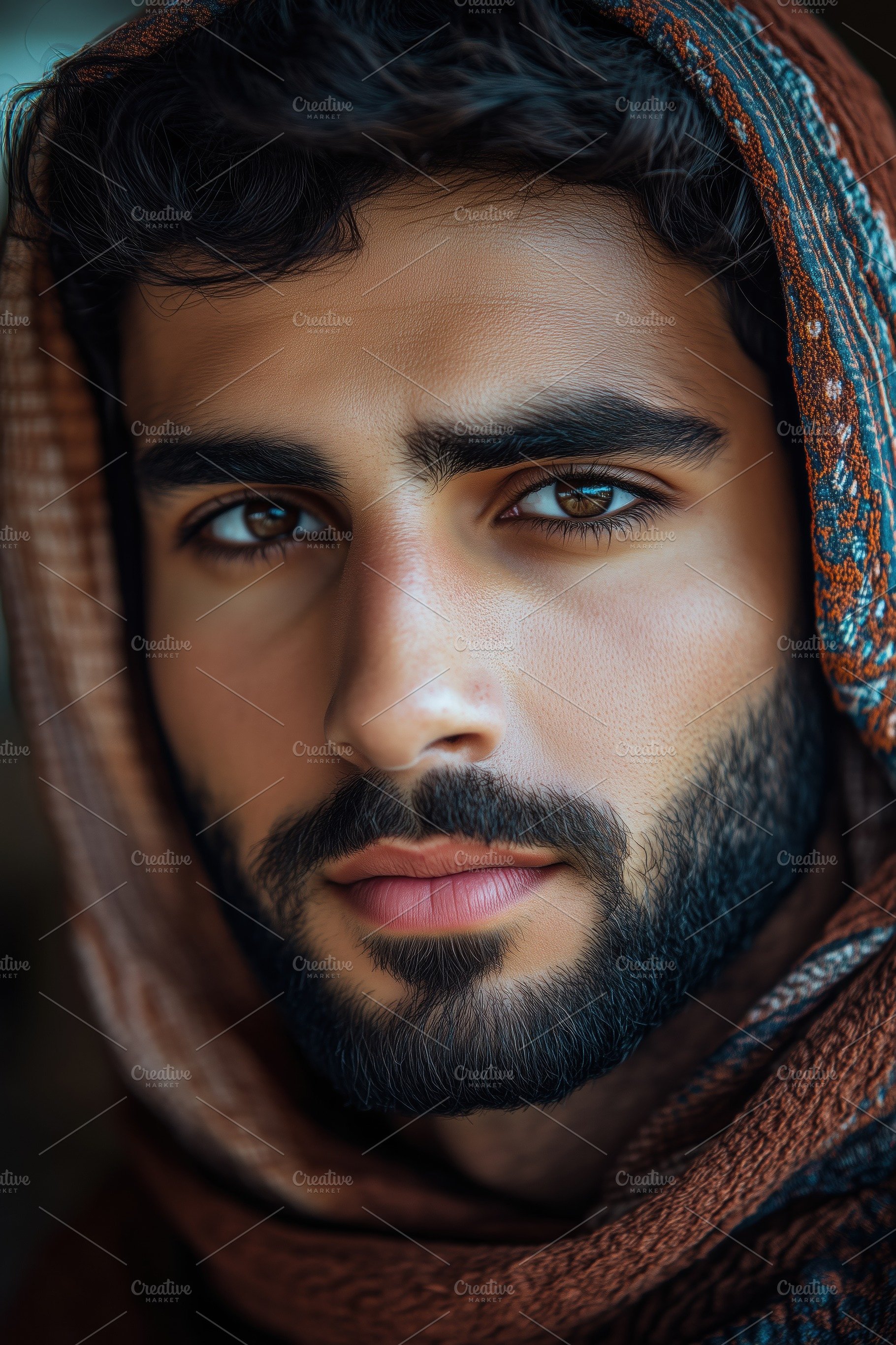 A close-up portrait of a young arabic man with a beard and dark hair, wearing a, a Person Photo by Textures & Backgrounds