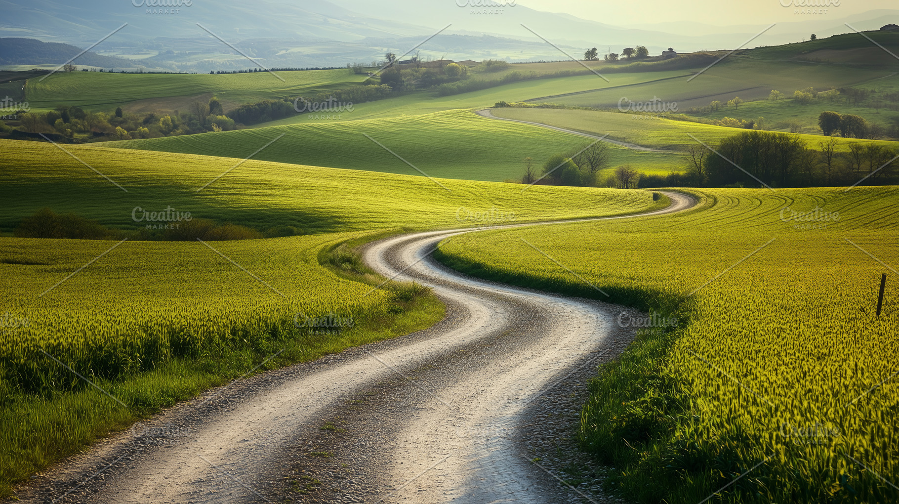 Winding dirt road curves through sun, a Nature Photo by MistyDay