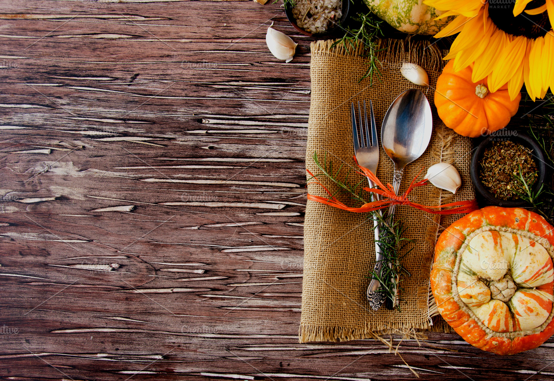 Seasonal wooden table setting with small pumpkins stock photo containing, a Food & Drink Photo by Wild Drago Shop