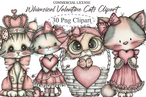 Whimsical Valentine Cats Clipart, an Illustration by designcity5