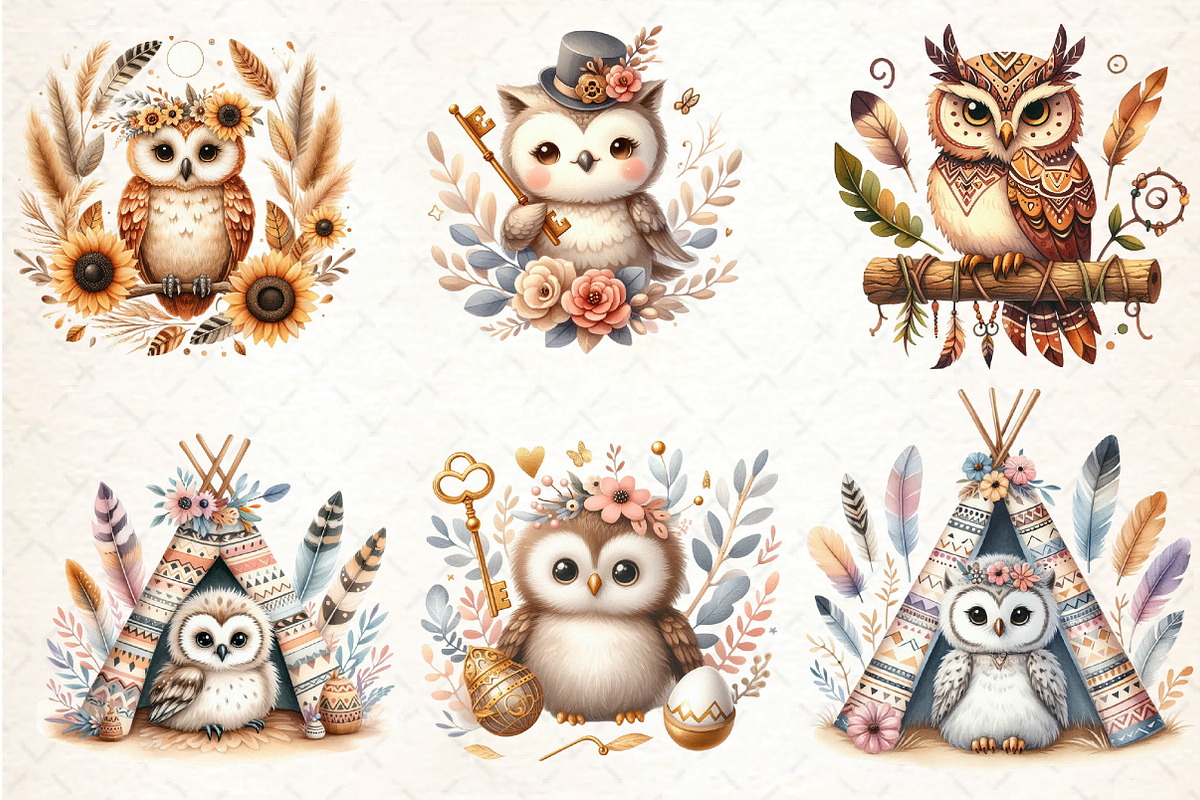 Watercolor Owl Boho Clipart, an Illustration by DreamCafeArt (Photo 3 of 6)