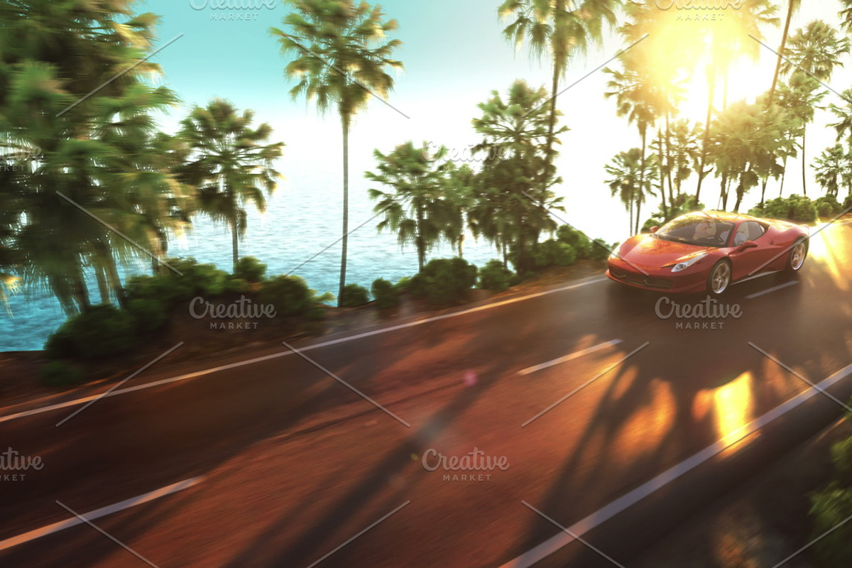 sports car driving on a mountain road over the ocean. 3d illustration, an Animal Illustration by konstantin.ermolaev