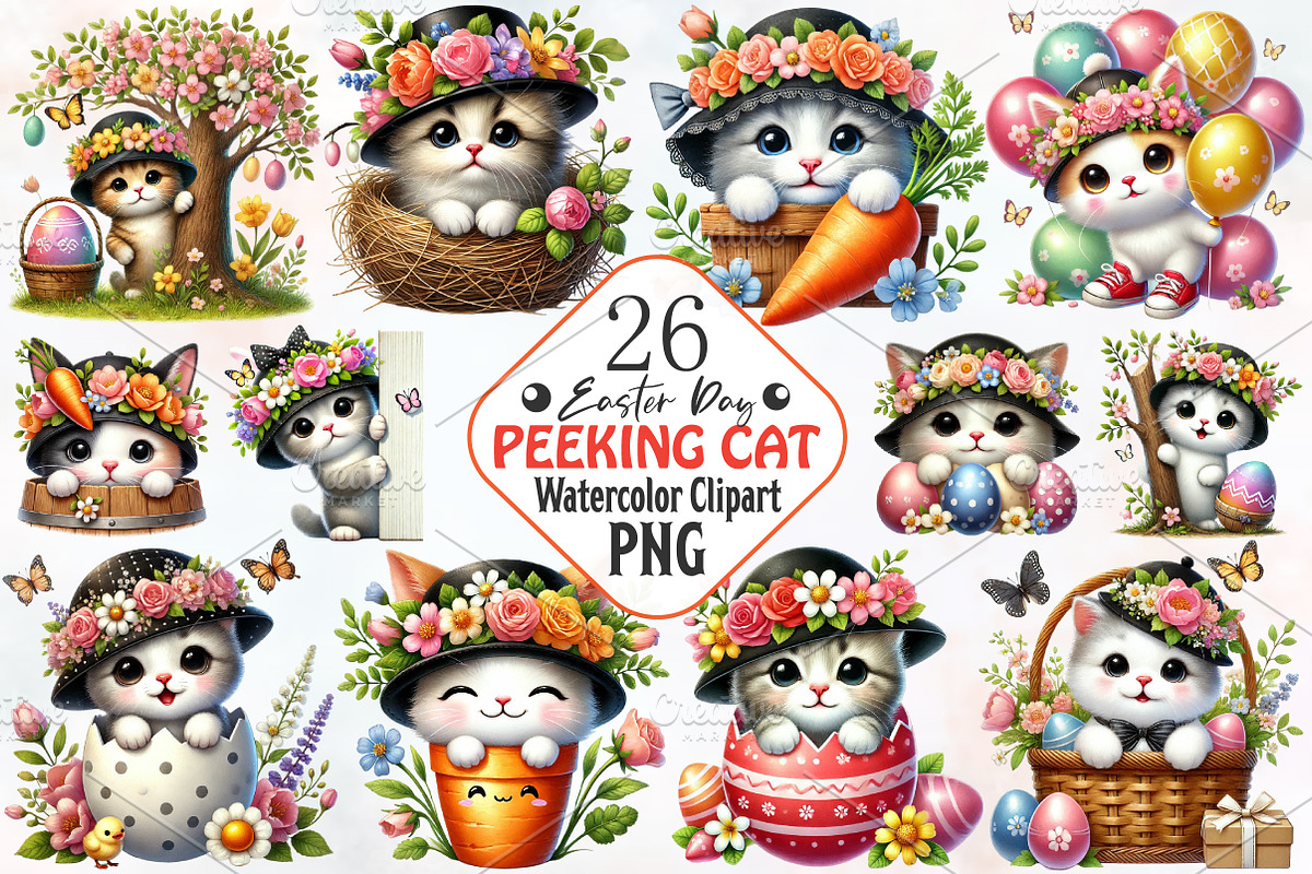Easter day cat peeking clipart, an Illustration by RobertsArt (Photo 1 of 7)