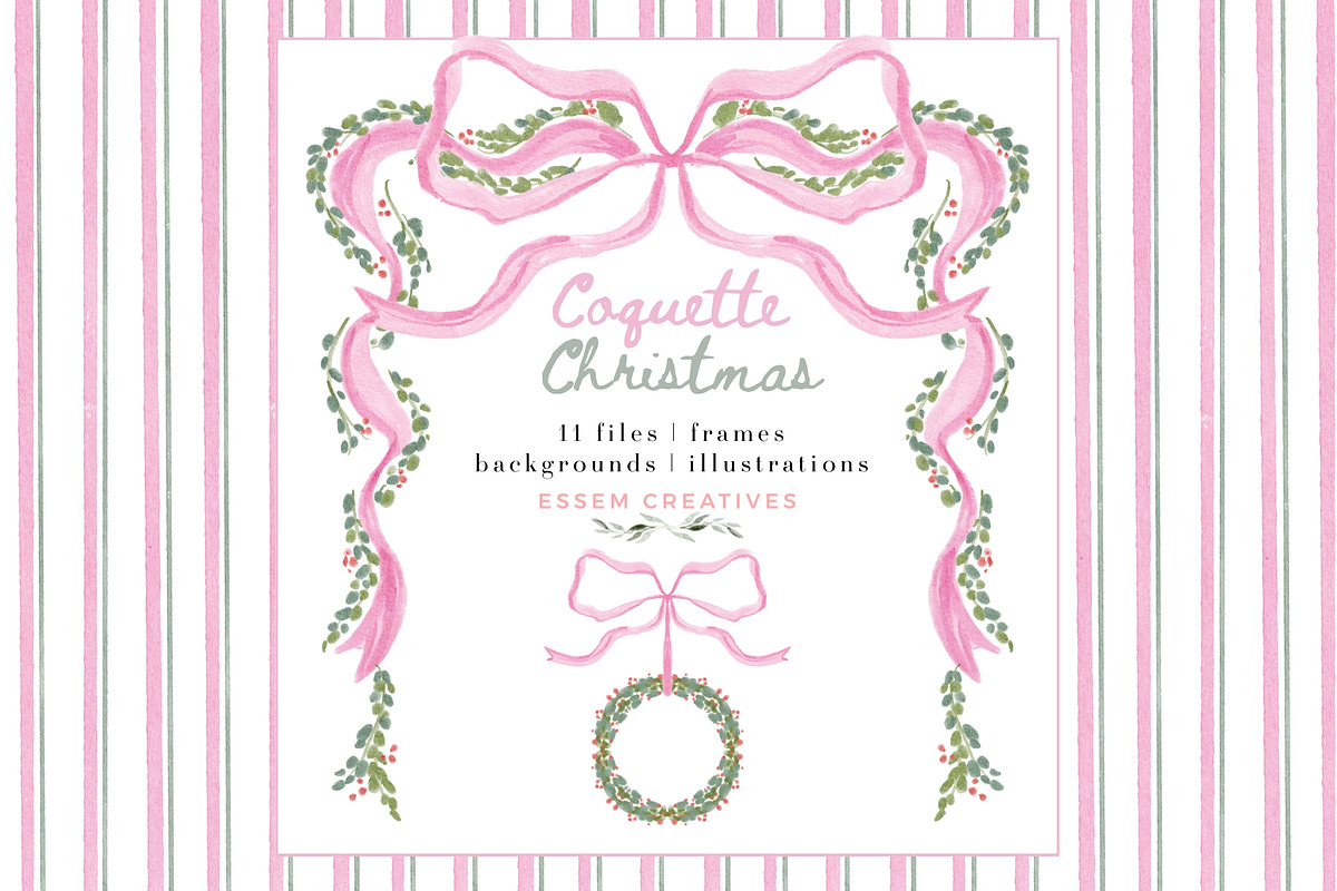Coquette Christmas Pink Bow Greenery, a Seasonal Illustration by Essem Creatives (Photo 1 of 7)