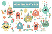 Monster party clipart & paper set, an Illustration by Poppymoondesign (Thumbnail 1 of 5)