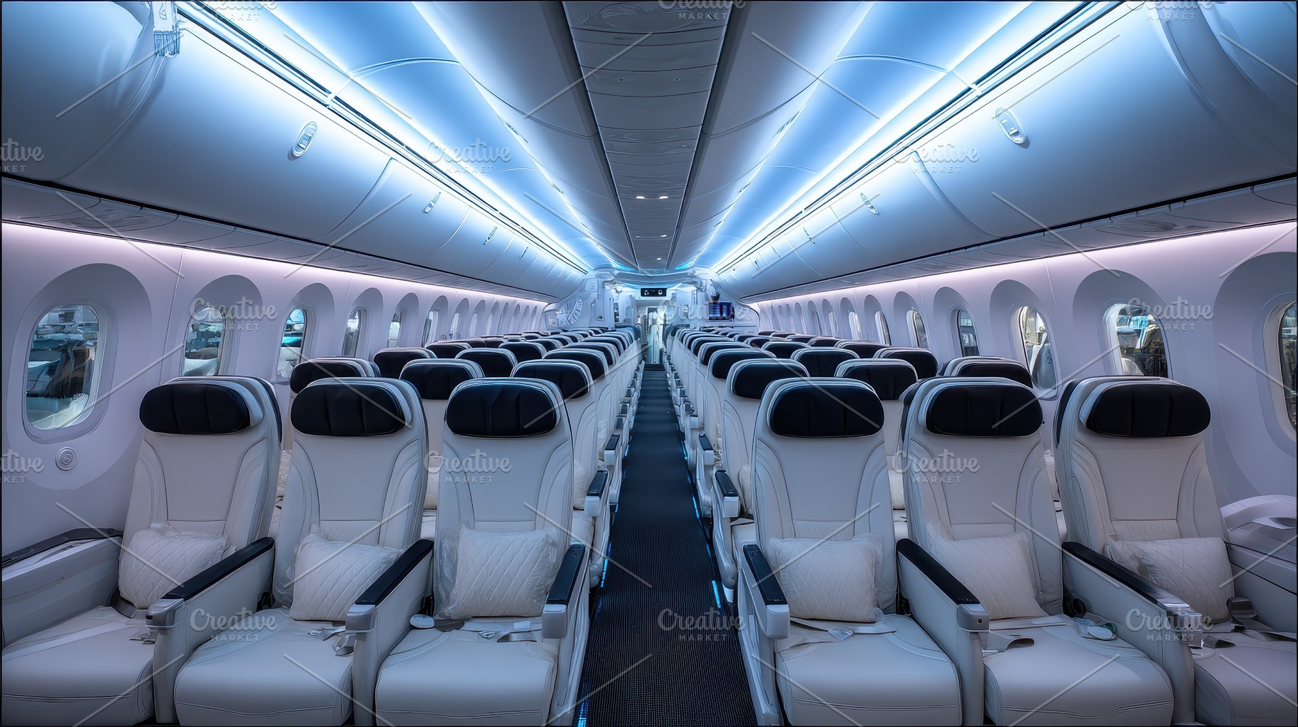 Airplane cabin interior modern seats, a Photo by Pixeness Studio