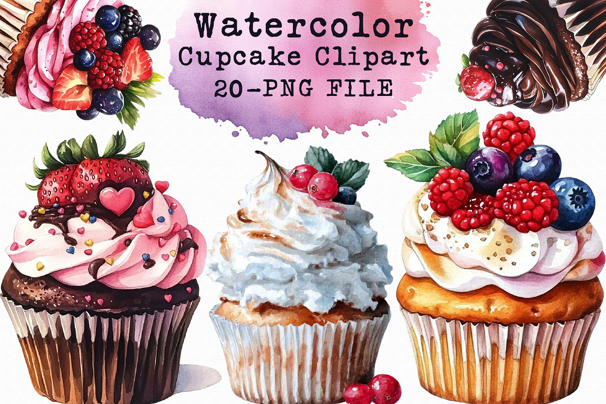 Watercolor cupcake clipart, an Illustration by Libby Wishes (Photo 1 of 4)
