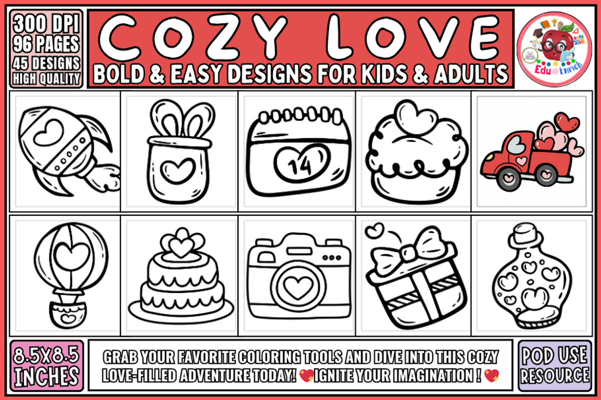 Cozy Love Bold & Easy Coloring Pages, an Object Illustration by EduEnrich (Photo 1 of 3)
