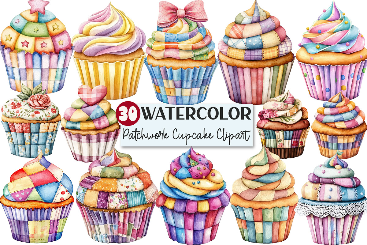 Patchwork Cupcake Clipart, an Illustration by Rose Art (Photo 1 of 4)