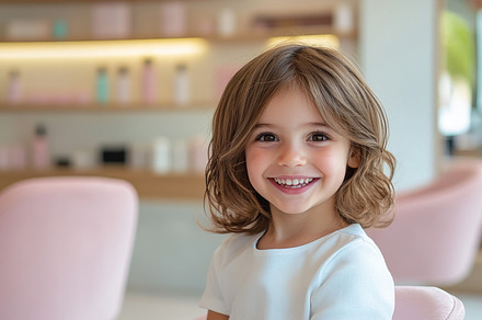 Smiling Young Girl with Curly Hair in Hair Salon
