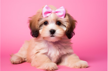 Whimsical Puppy pink bow background, an Animal Photo by Ylivdesign