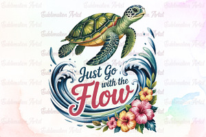 Summer Sea Turtle Waves Flowers PNG, an Illustration by Sublimation Artist