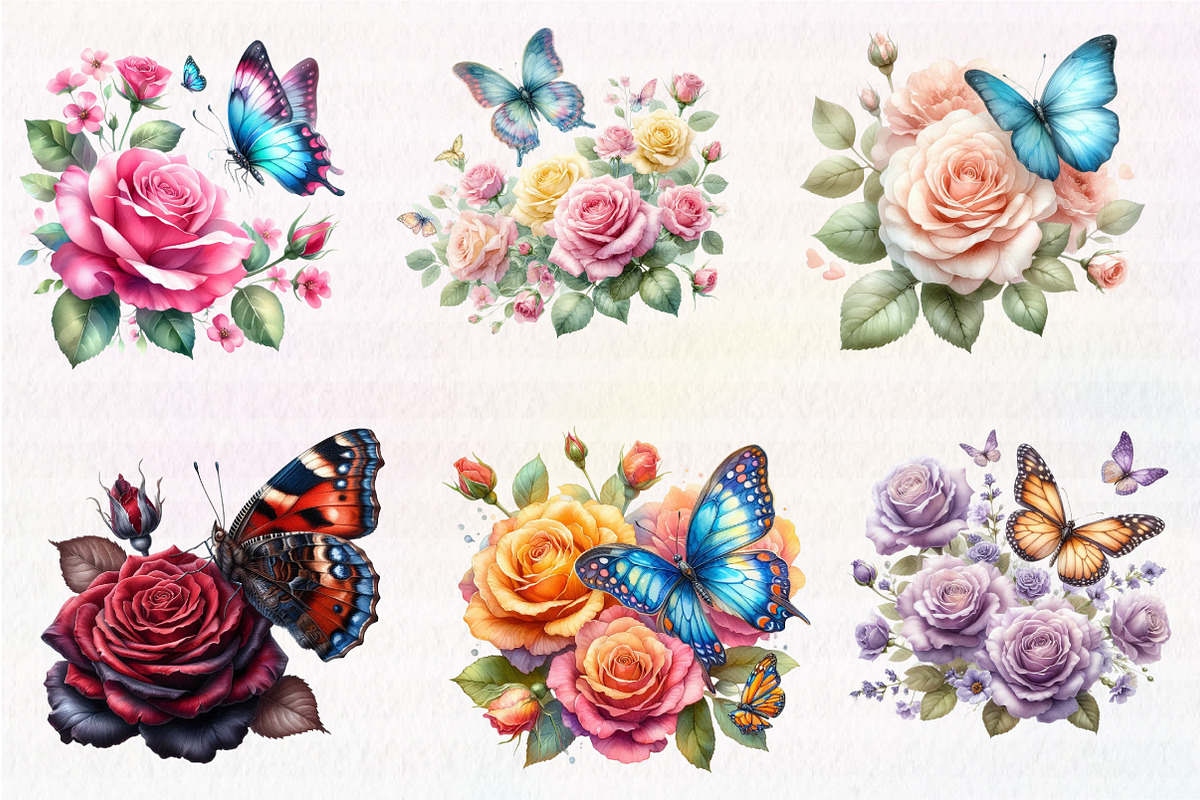 Watercolor Butterfly and Roses, an Illustration by CreationArt (Photo 3 of 6)