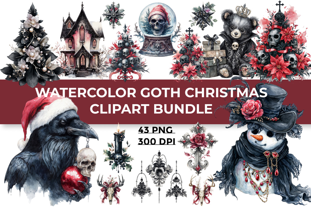 Watercolor Goth Christmas Clipart, a Seasonal Illustration by InkyQueenArt (Photo 1 of 8)