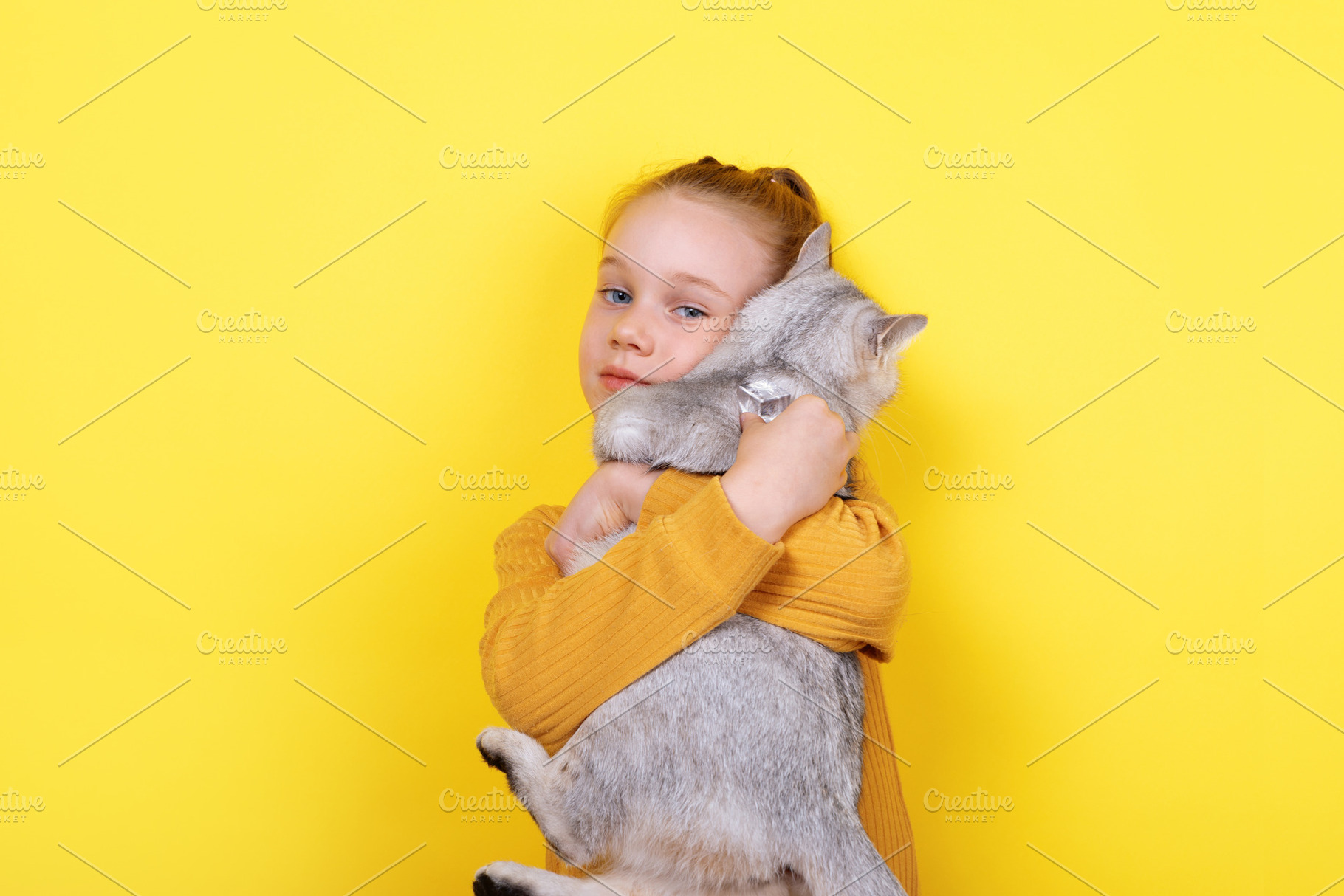 Young girl in yellow sweater hugging gray cat against bright yel, a Person Photo by Ales Munt