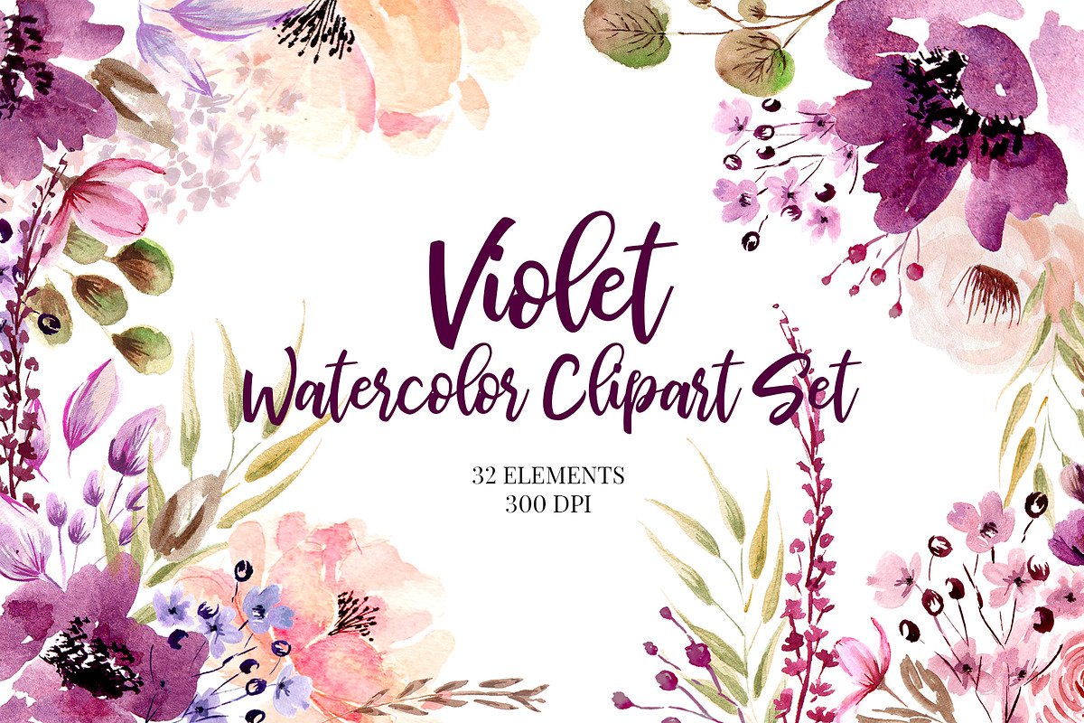 Violet Watercolor Clipart elements, an Illustration by Anis Illustration (Photo 1 of 3)