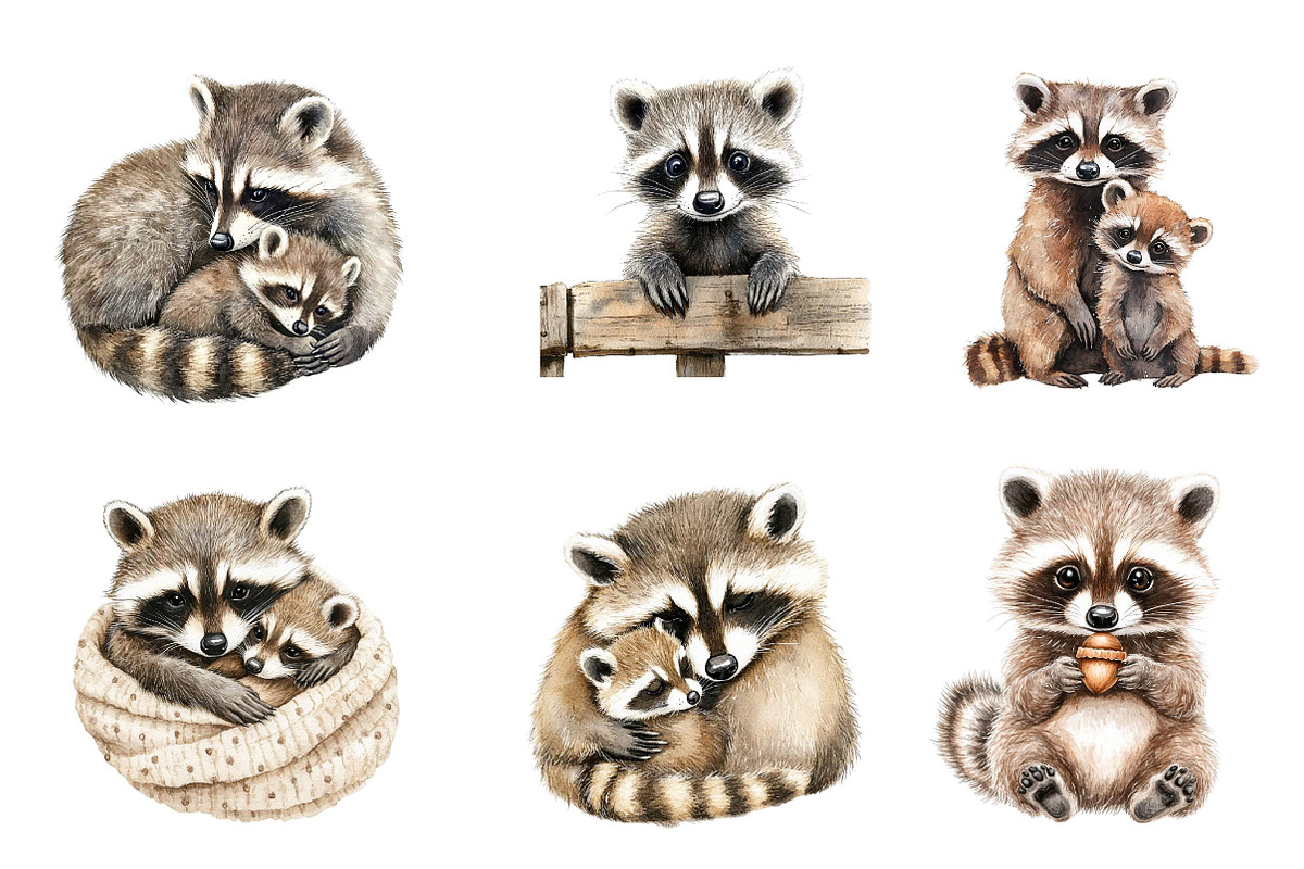 Watercolor Raccoon & Kit Clipart, an Illustration by CreationArt (Photo 3 of 5)