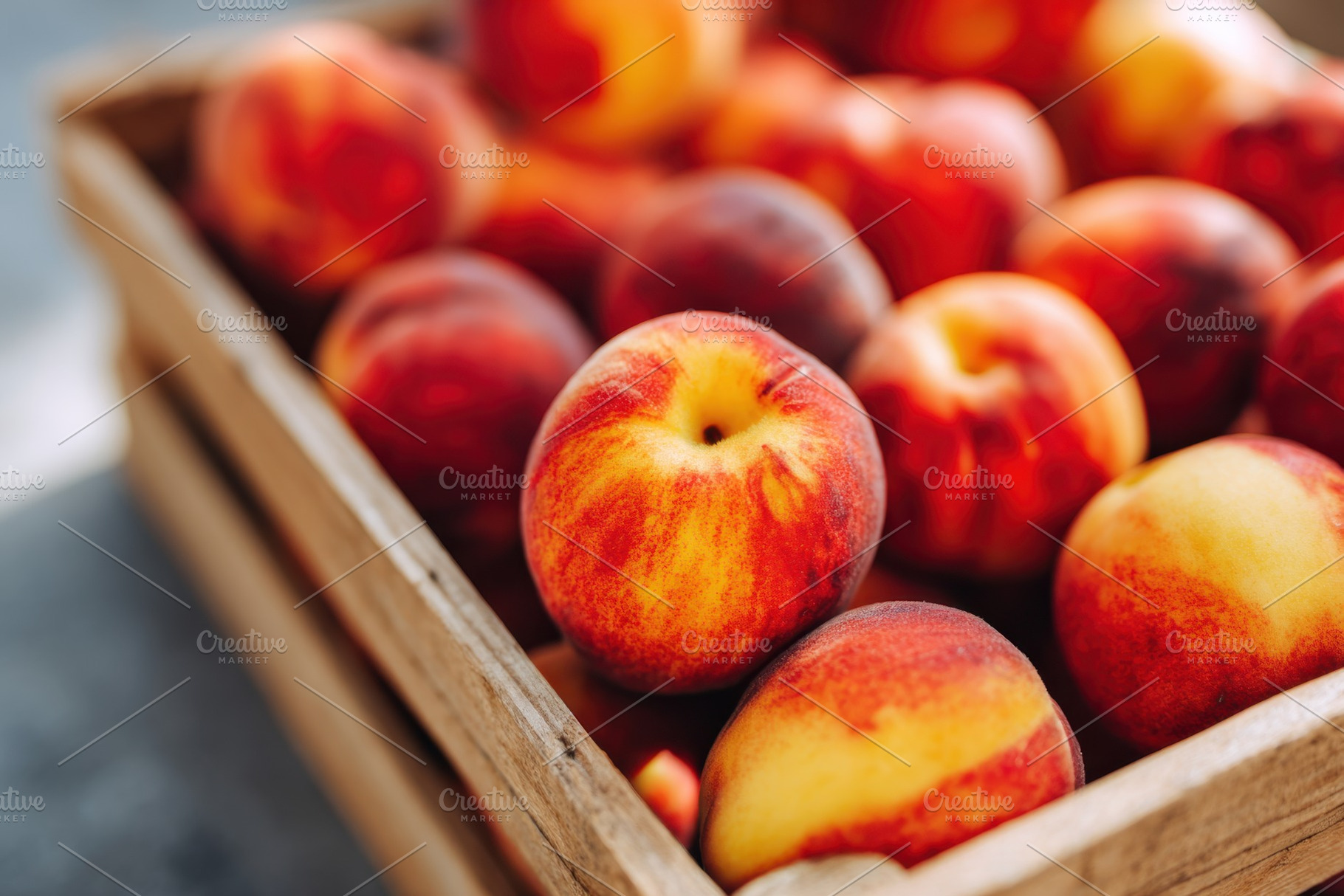 Fresh ripe peaches in a wooden crate, a Food & Drink Photo by AlyaAnd