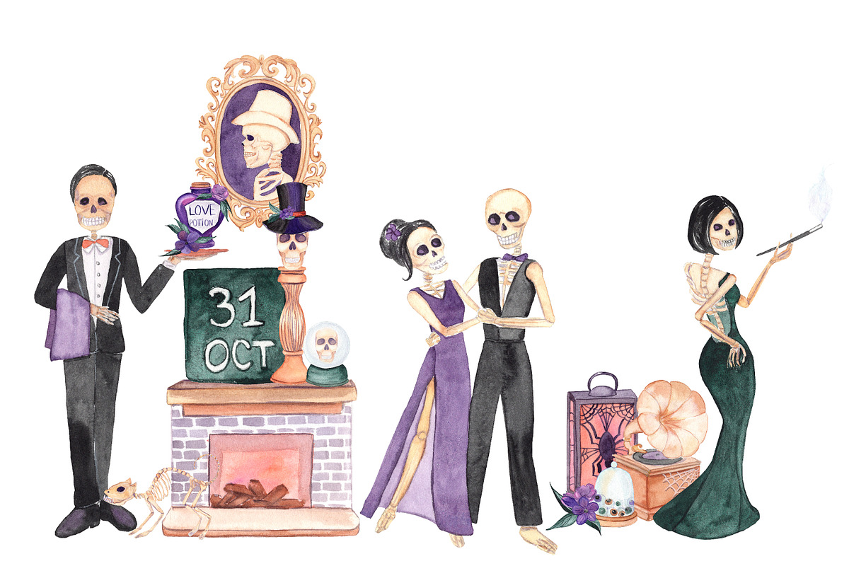 Skeleton Party Watercolor Clipart, an Illustration by s.yanyeva (Photo 5 of 5)