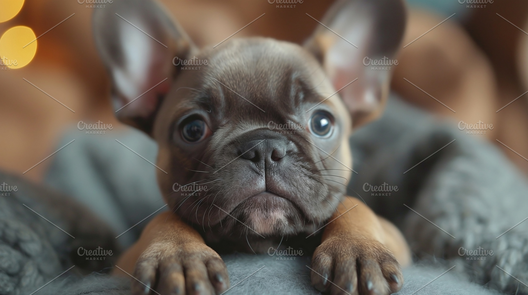Adorable brown French Bulldog puppy with big eyes, resting playfully on a cozy, an Animal Photo by ImageMir