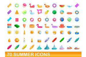 70 Summer Icons Set, Cartoon Style