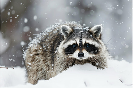 Raccoon walking in the snow during a, an Animal Photo by Ylivdesign