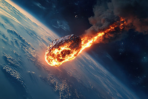 Massive asteroid hurtles towards Earth in a fiery display of destruction above, an Abstract Photo by AlyaAnd