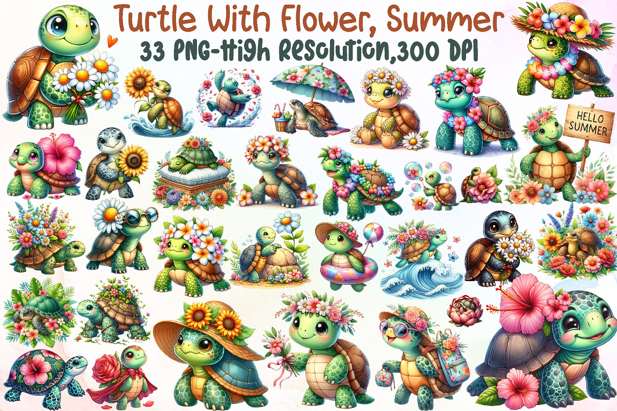 Turtle With Flower, Summer Clipart, an Illustration by Sublimation Artist (Photo 1 of 6)