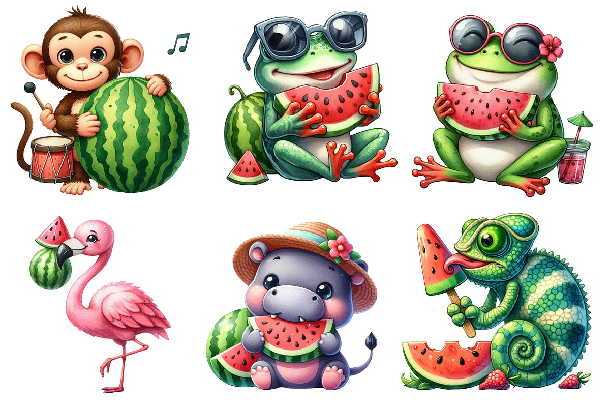 Summer Animals Enjoy Watermelon png, an Illustration by Watercolor design (Photo 3 of 4)