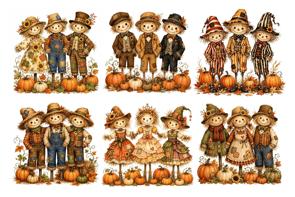 Trio Scarecrow PNG Clipart Bundle, a Seasonal Illustration by Nicolle's Colorful Art (Photo 4 of 8)