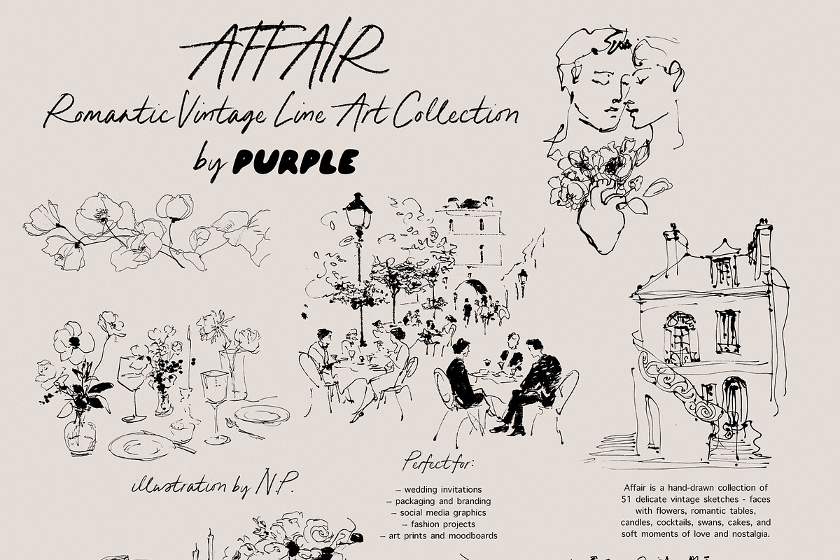 Affair: Romantic Vintage Line Art, a Decorative Illustration by Purple (Photo 11 of 13)