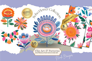 Abstract Boho Flowers Clipart Bundle