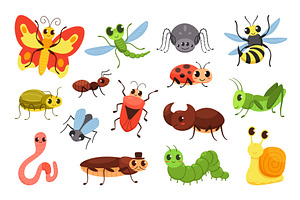 Cartoon Insects. Happy Bugs, Cute