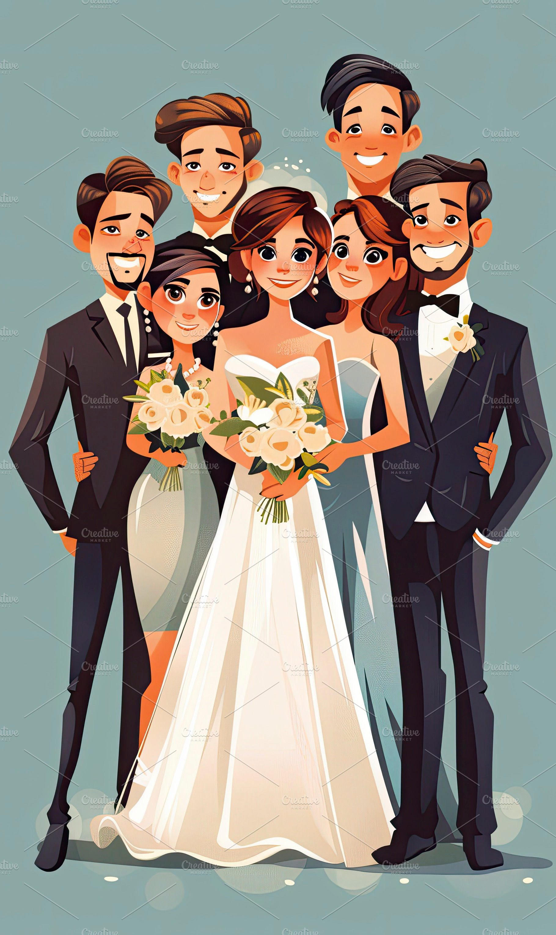 Cheerful cartoon style wedding party, a Photo by LOGOCREATIVE