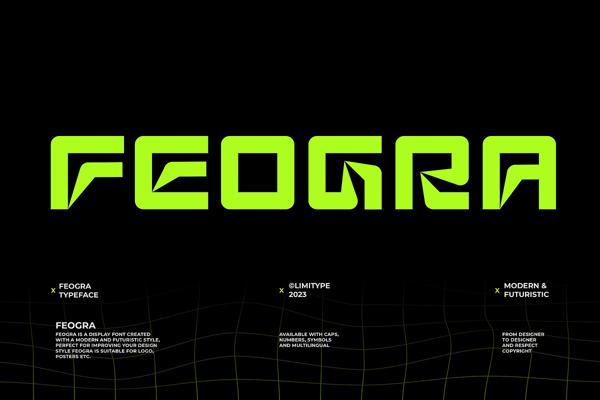 Feogra - Futuristic Font, a Sans Serif Font by limitype (Photo 1 of 8)