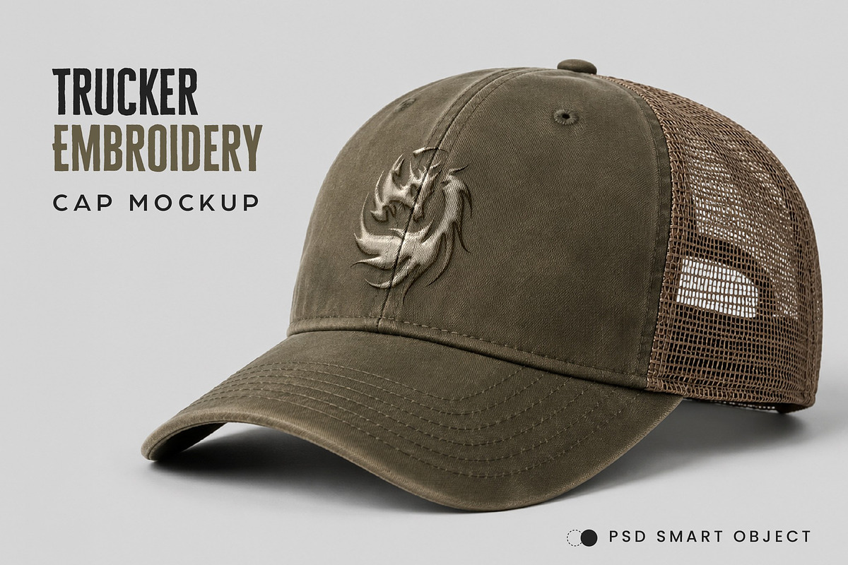 Trucker Embroidery Cap Mockup, a Hat Mockup by studiogstock (Photo 1 of 2)