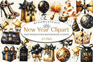 Black & Gold New Year Clipart, an Illustration by DreamCafeArt