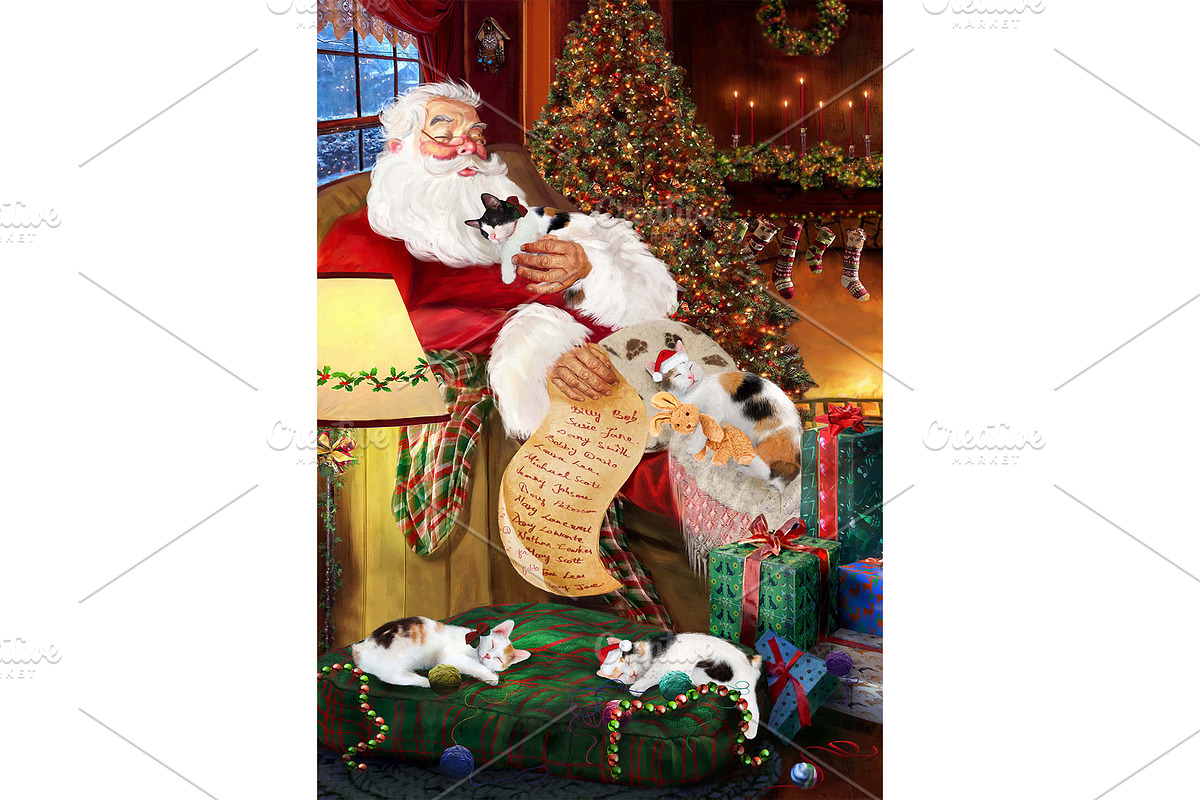 Japanese Bobtail Cats Santa Wall Art, an Animal Illustration by Art Paradise Studios (Photo 1 of 3)