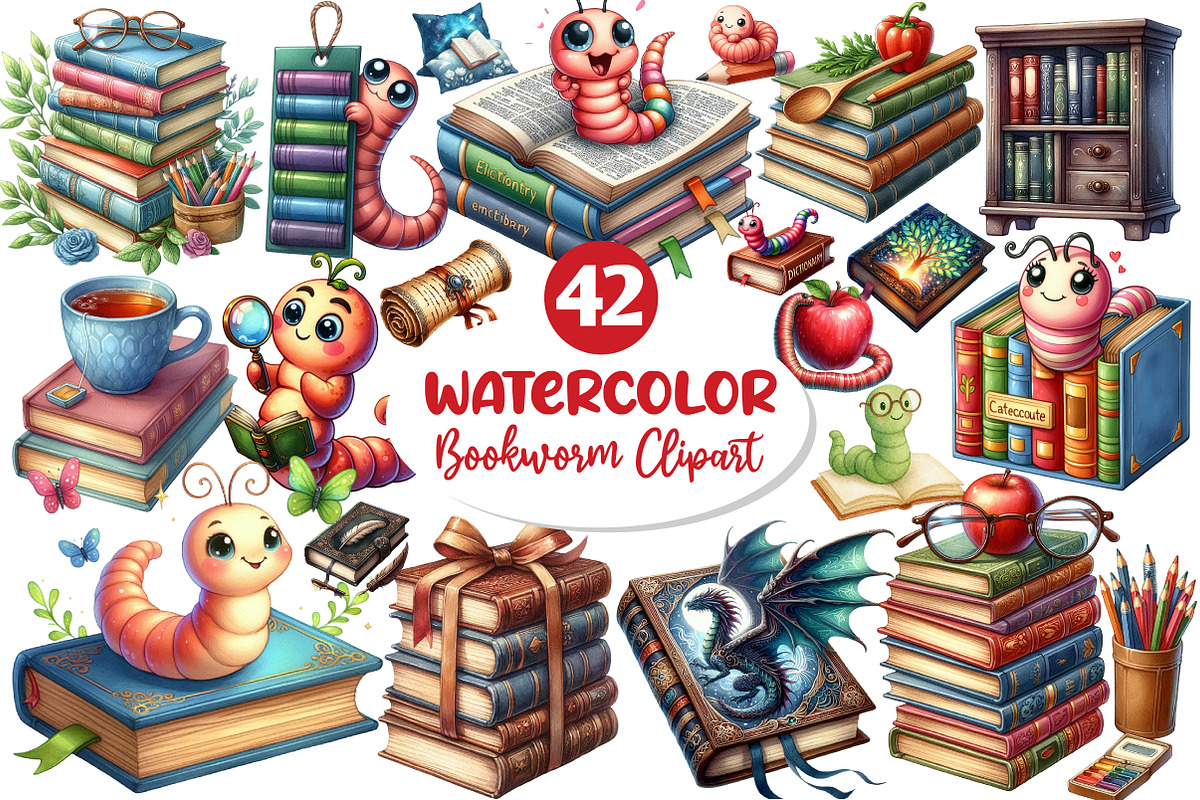 Bookworm Watercolor Clipart, an Illustration by Dream Creation (Photo 1 of 7)