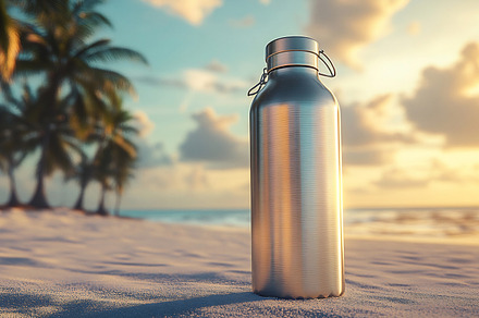 Beach sunset with water bottle, a Business Photo by Beautiful things