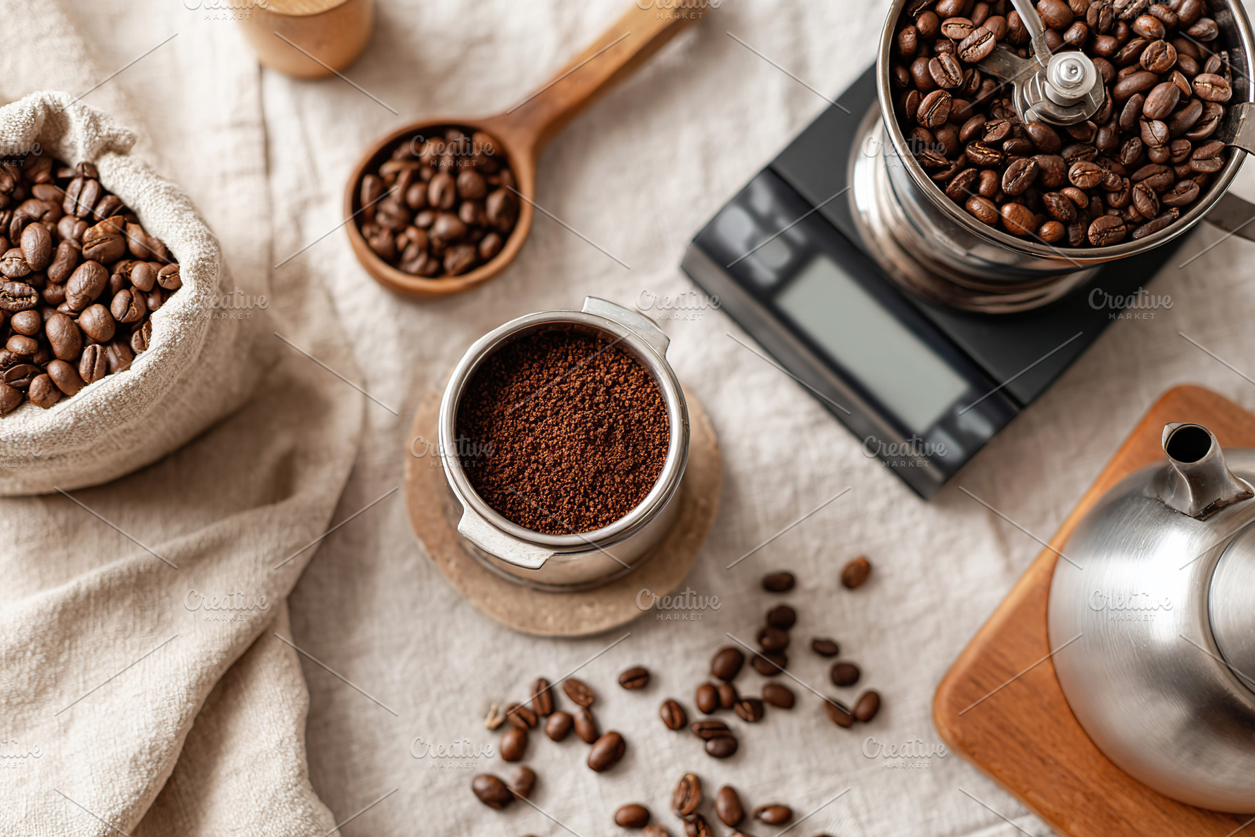 Grind coffee beans using a scale and grinder in a cozy kitchen setup, a Food & Drink Photo by AlyaAnd
