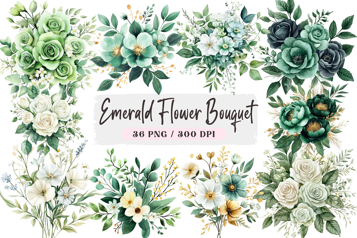 Emerald Flower Bouquet Clipart, an Illustration by DreamArtGraphic (Photo 1 of 4)