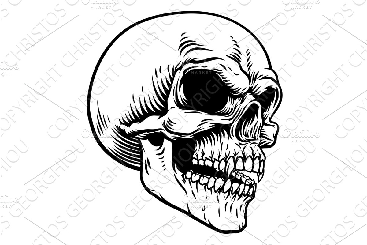 Horror Skull Head Vintage Woodcut, an Illustration by Christos Georghiou