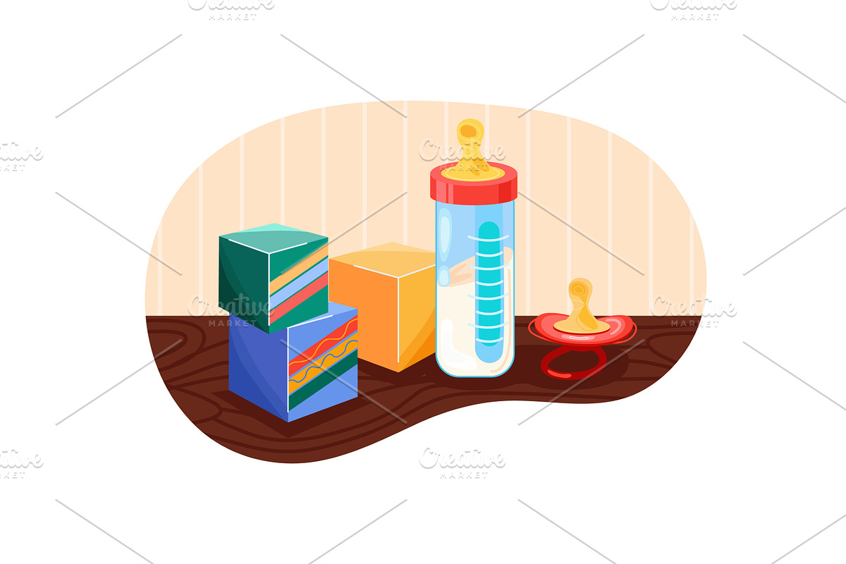 Milk bottle, nipple and toy for baby, a Food Illustration by vectorpointstudio
