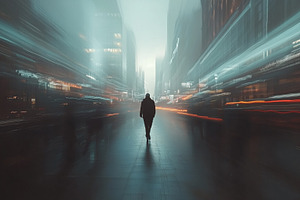 A solitary figure walks down a bustling city street, surrounded by blurred ligh, a Person Photo by Textures & Backgrounds