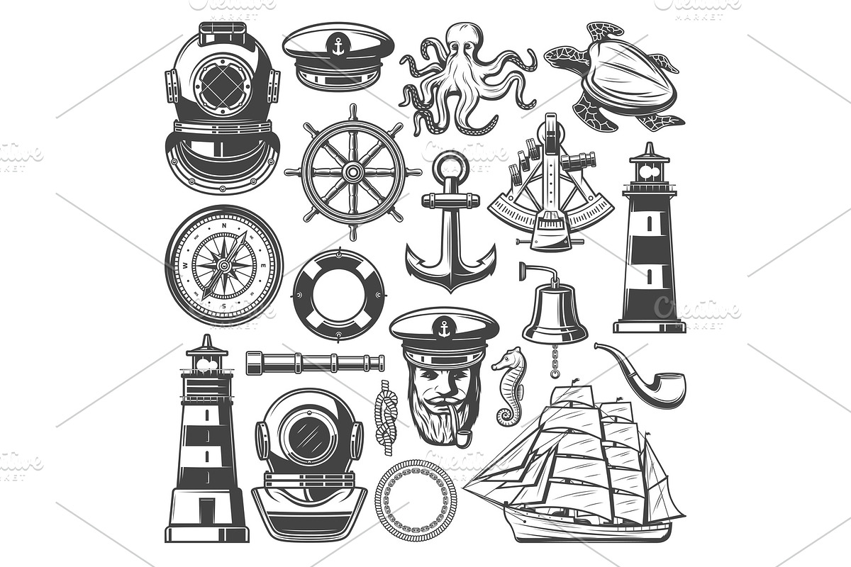 Nautical and marine sailing icons, an Animal Illustration by Vector Tradition