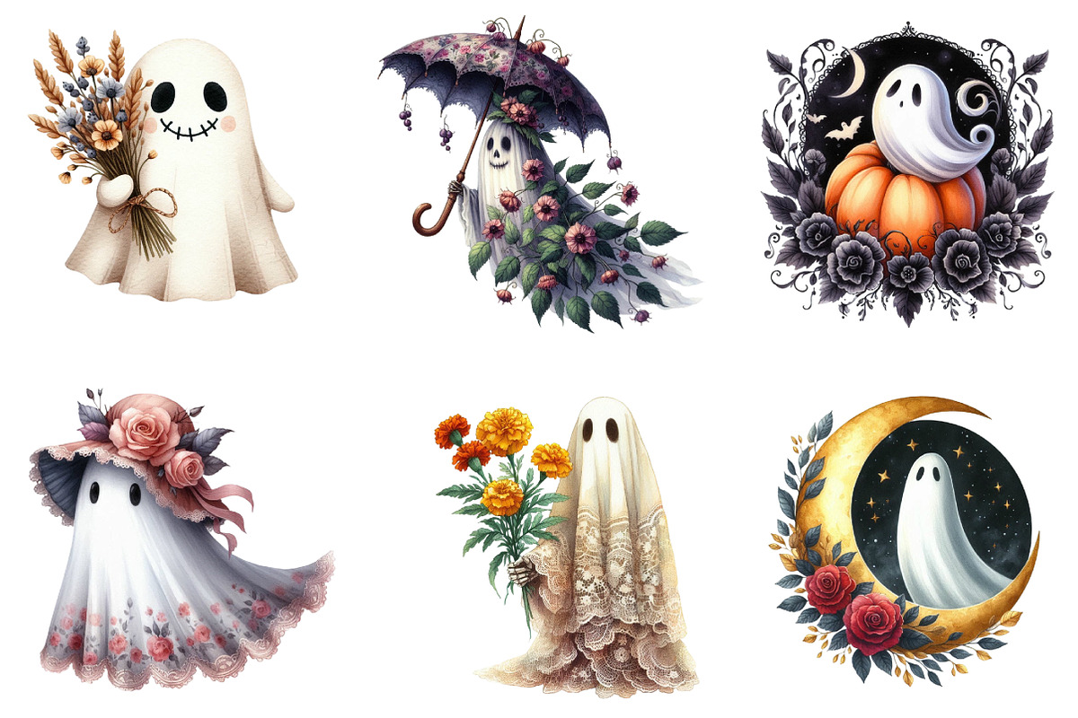 Vintage Halloween Ghost Floral Clipa, an Illustration by DreamArtGraphic (Photo 3 of 7)