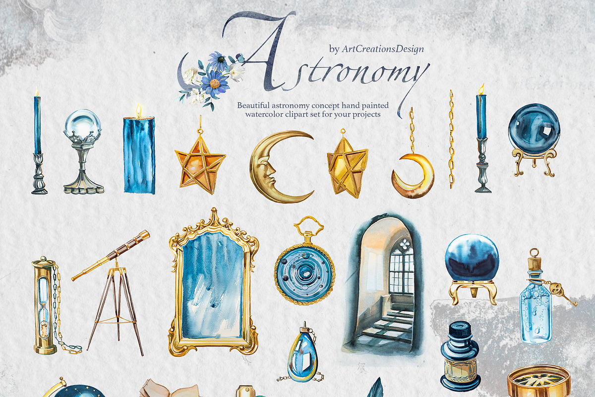 Watercolor Astronomy Clipart Set, a Person Illustration by ArtCreationsDesign (Photo 3 of 9)